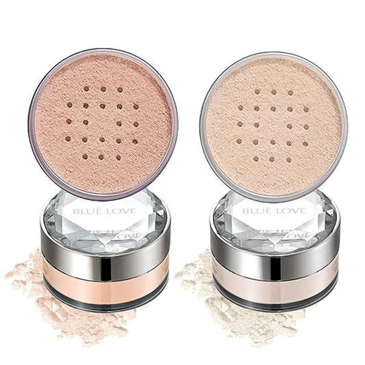 BLUE LOVE 2Pcs Loose Setting Powder Makeup for Face Set, Oil Control Smooth Face Makeup Finishing Powder Foundation, Waterproof Cosmetic Powder Loose Face Powder Compact for Oily Skin