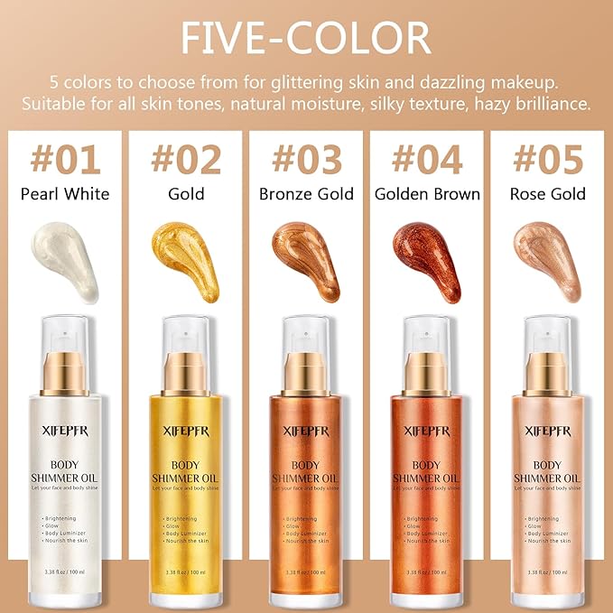 Body Shimmer Oil, Golden Brown Body Luminizer Face Brighten Highlighter Liquid Illuminator with Makeup Brush, Long Lasting Moisturizing Body Glitter Oil for Makeup (3.38 Fl Oz/#04)