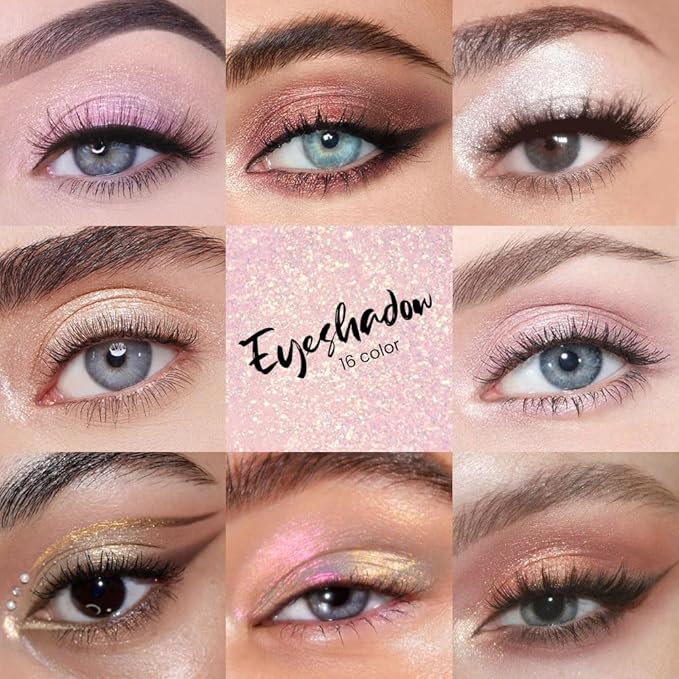 16 Color Pink Champange Brown Gold Colorful Matte Glitter Shimmer Eyeshadow Palette with Mirror for Eye Makeup,Highly Pigmented Korean Natural Rainbow Eye Shadow palette,Blendable-06