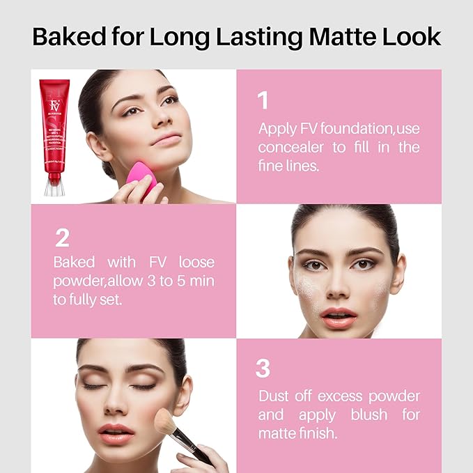 FV Matte Liquid Foundation and Translucent Loose Powder, Waterproof Formula for Oily to Normal Skin Types