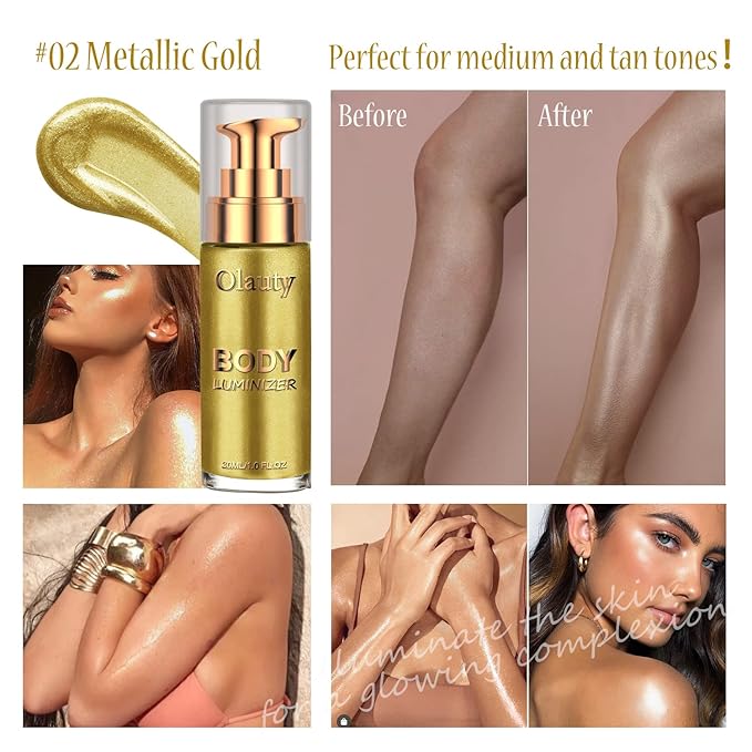 Liquid Illuminator, Firstfly Body Highlighter Makeup Smooth Shimmer Glow Liquid Foundation for Face & Body(#02 Metallic Gold)