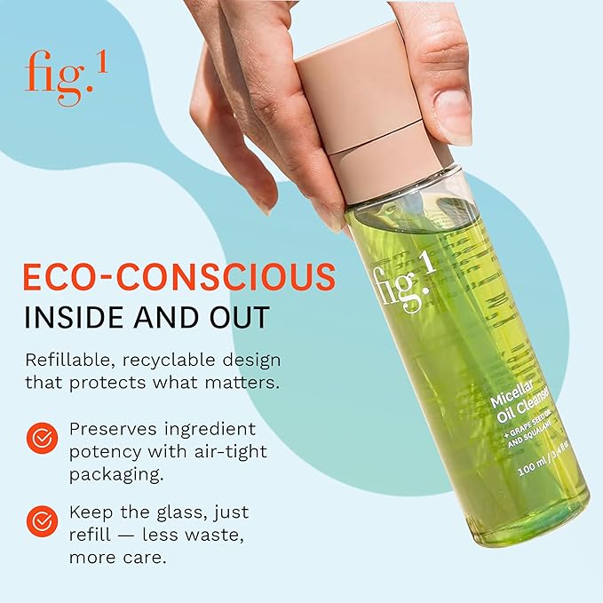 Fig.1 Hydrating Oil Cleanser for Face – Micellar Makeup Remover with Grapeseed & Squalane, Deep Cleansing Oil-Based Formula, Non-Stripping & Refillable, 3.4 oz