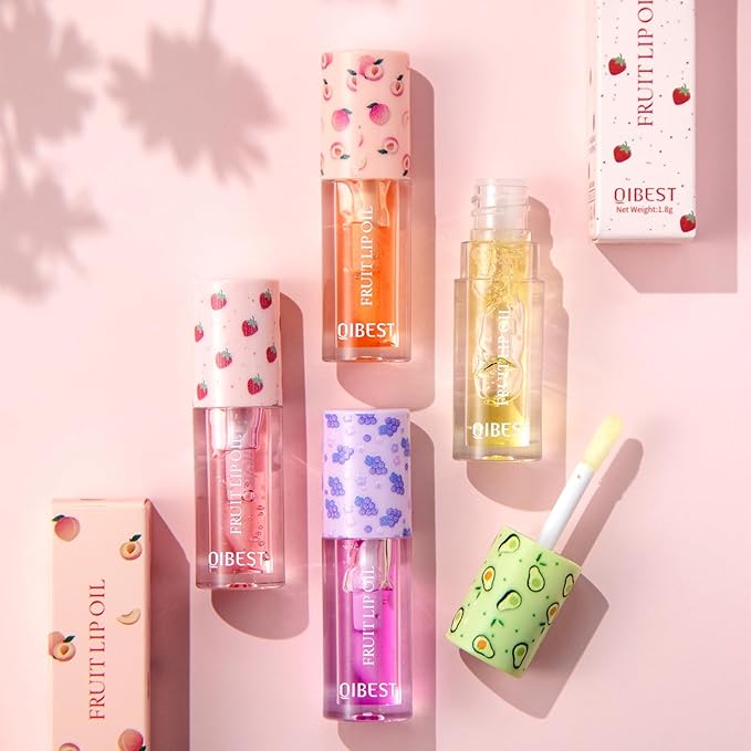4PCS Fruity Lip oil,Big Brush Head Lip Oil,Moisturizing Lip Gloss Lip Oil,Natural Nourishing Lip Oil Gloss,Lightweight & Non Greasy, Pink