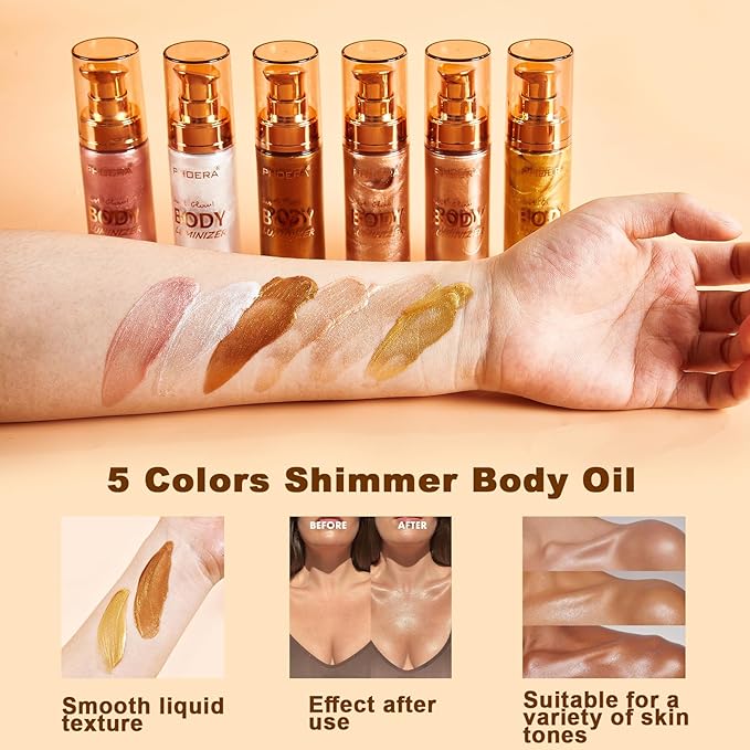 PHOERA Body Shimmer Oil,Waterproof Long Lasting Moisturizing Body Luminizer Glow Body Illuminator Highlighter for Face with Makup Bursh, 1oz/Jars (102 Metallic Gold)