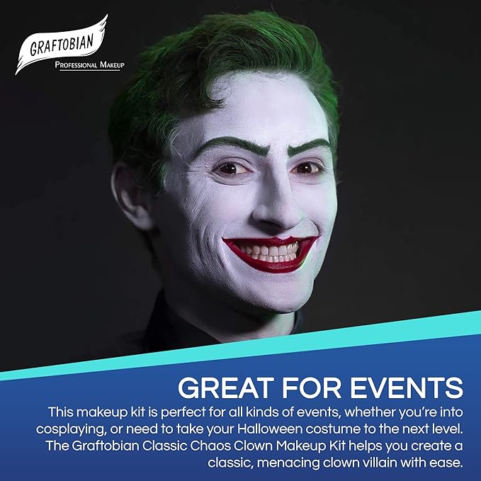 Graftobian Classic Chaos Clown Makeup Kit - Complete 11-Piece Set for Scary Jester or Clown Costume - Deluxe Face Paint with Full Color Instructions Included, Perfect for Cosplaying and Halloween