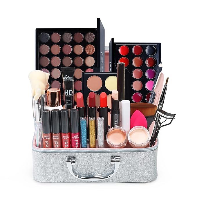 Pure Vie All-in-One Holiday Gift Surprise Makeup Set Essential Starter Bundle Include Eyeshadow Palette Lipstick Concealer Blush Mascara Eyeliner Face Powder Lipgloss Brush - Full Makeup Kit for Women