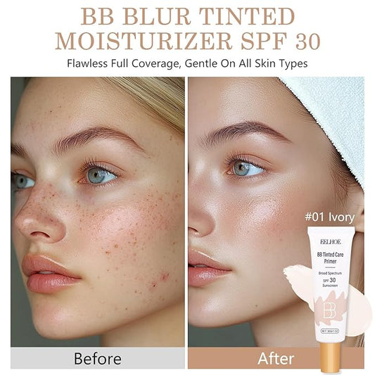 BB Cream Tinted Moisturizer with SPF 30–Lightweight BB Blur Tineted Care Primer,Hydrating Tinted Sunscreen for Face,Full-Coverage Skin Tint Makeup for All Skin Types with 2PCS Sponge (01 Ivory)