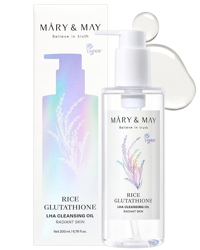 Mary&May Rice Glutathione LHA Cleansing Oil - Deep Pore Cleansing, Blackhead & Whitehead Removal - Korean Makeup Remover with Rice Bran Oil, Gentle Exfoliation, Clean Beauty, 6.76 fl.oz.