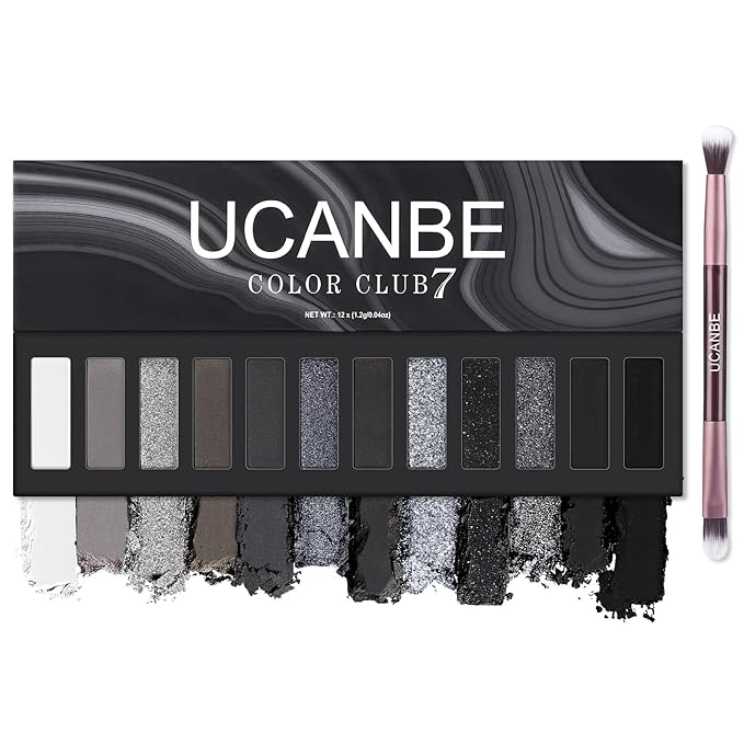 UCANBE Smokey Eyeshadow Palette, Dark Black White Gray Silver Natural Nude Matte Shimmer Eye Shadow Pallet for Smoky Emo Goth Makeup, 12 Color High Pigmented Long Lasting Waterproof Pallete with Brush