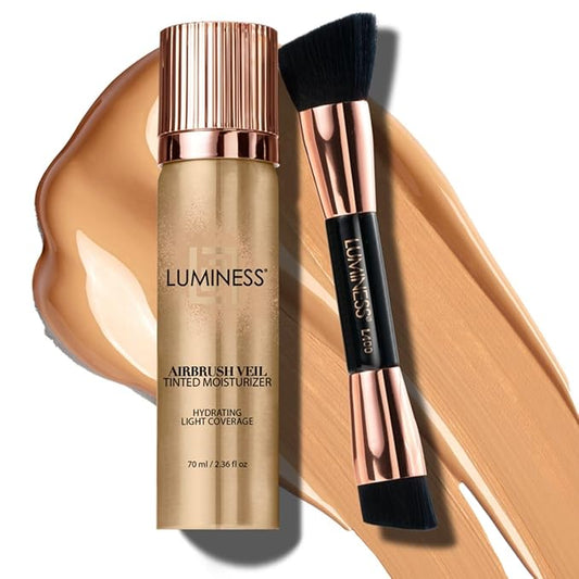 LUMINESS Airbrush Veil Tinted Moisturizer with Buffing Brush, Medium Warm 050 - Lightweight, Hydrating & Skin-Plumping Face Moisturizer Spray - Facial Skin Tint with Hyaluronic Acid, Ceramides & Aloe