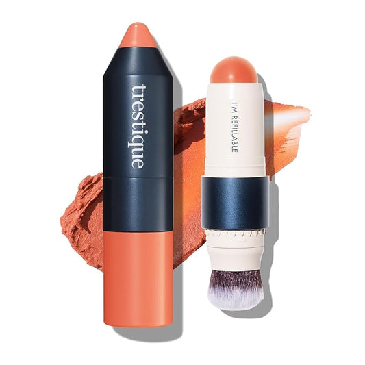 trestique Blush Stick, Vegan Blush Stick With Built-In Brush, Pink Blush Makeup For Women, Rose Makeup, 2-In-1 Creamy