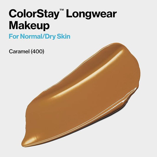 Revlon Liquid Foundation, ColorStay Face Makeup for Normal and Dry Skin, SPF 20, Longwear Medium-Full Coverage with Matte Finish, Oil Free, 400 Caramel, 1.0 Oz