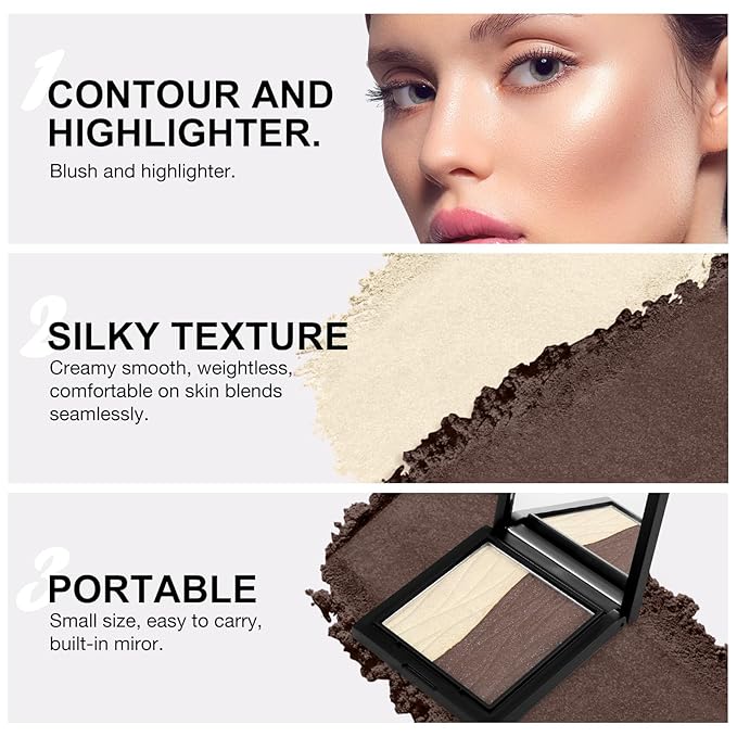 Boobeen Blush Contour Highlighter Makeup Palette, 2 Color Shimmer Smooth Powder Palette for Blush, Highlighting, Contouring the Face, Blendable Compact Highlight Contour Set