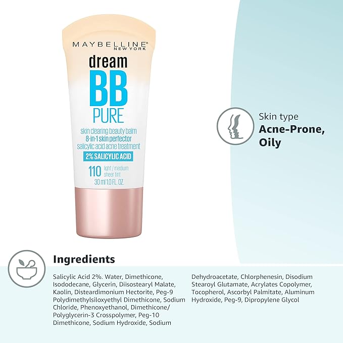 Maybelline Dream Pure Skin Clearing BB Cream, 8-in-1 Skin Perfecting Beauty Balm With 2% Salicylic Acid, Sheer Tint Coverage, Oil-Free, Light/Medium, 1 Count (Pack of 2)