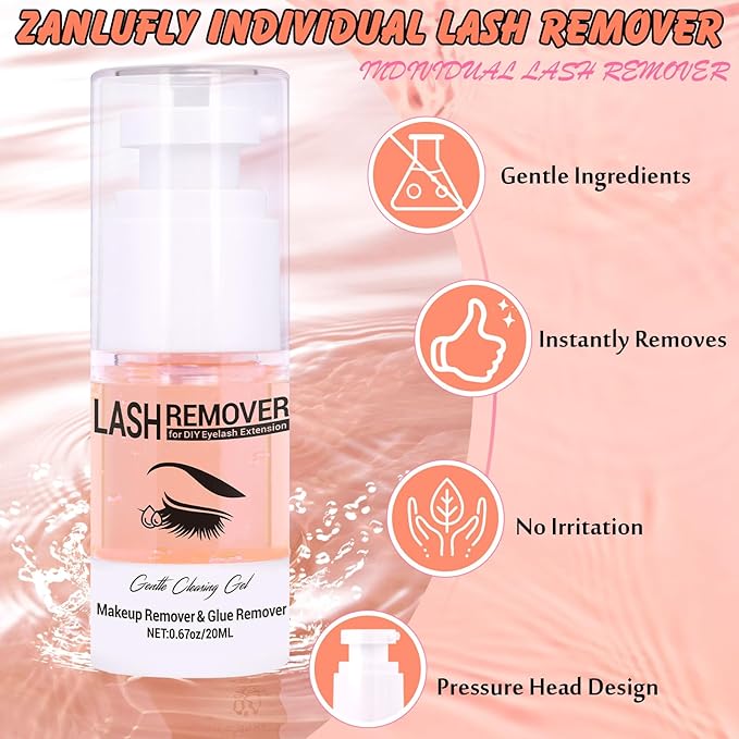 Lash Remover Kit for Lash Clusters&Makeup Eyelash Glue Remover Gel Individual Lash Glue Remover 20ml for Cluster Lashes with 50Pcs Cotton 5 Lash Brush 5 Wand Nourishing Eye Cleanser