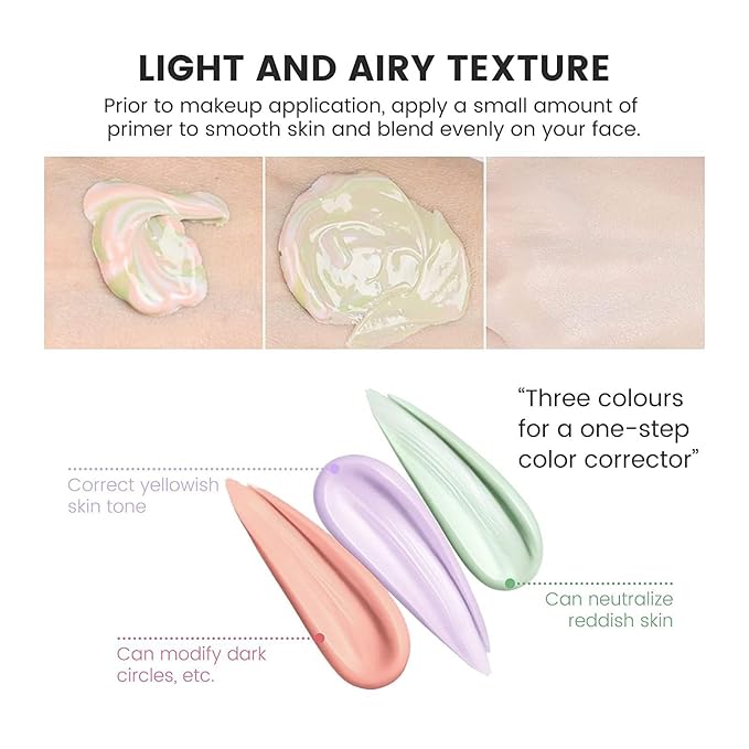3 In 1 Poreless Face Primer, One Step Color Corrector Face Primer, Hydrating Primer for Face Before Makeup Oil Control & Moisturizing Redness Corrector for Face Skin Tone Correcting Long Lasting