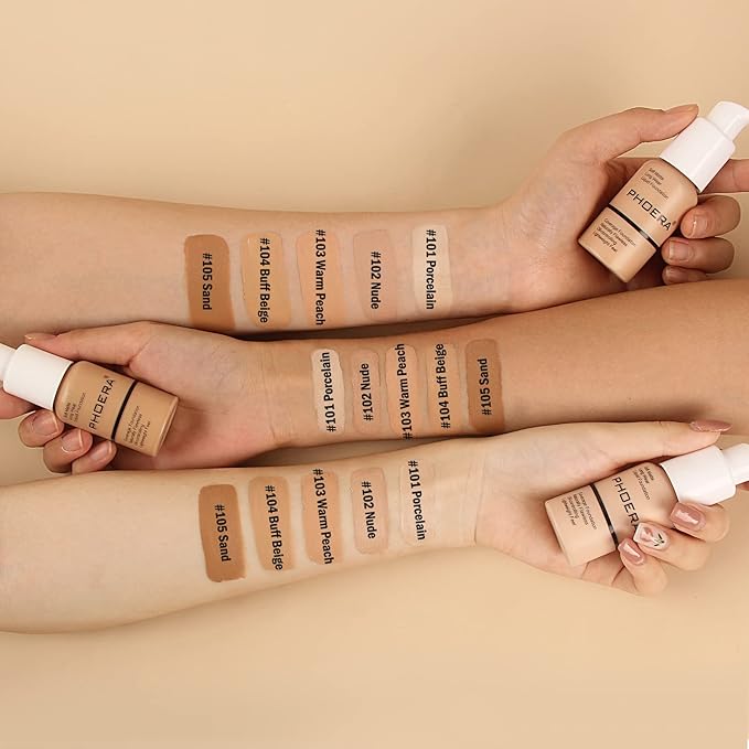 PHOERA Foundation Makeup Naturally Liquid Foundation Full Coverage Mattle Oil-Control Concealer 8 Colors Optional,Great Choice For Gift (#105 Sand,30ml)