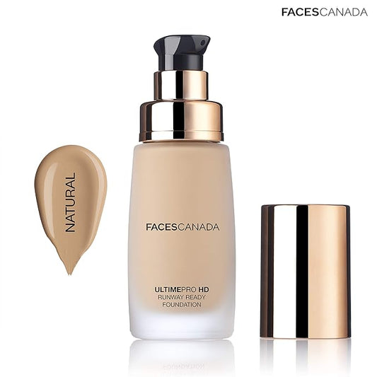 Faces Canada HD Runway Ready Foundation, Red Orange Extract & Gold particles, High Coverage, Oil-Free, Flawless Radiance, Vegan & Cruelty Free, Paraben Free, Natural 02 (Beige), 1.01 Fl Oz
