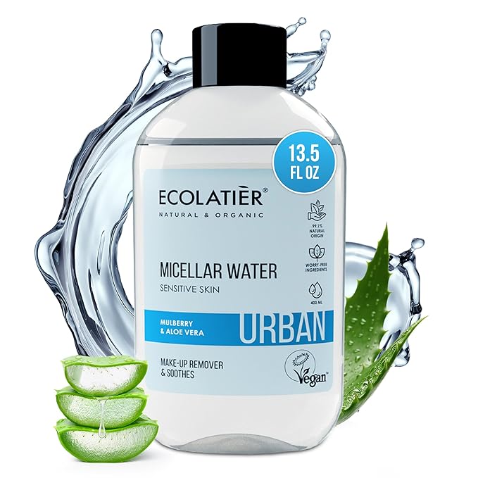 Micellar Water for Sensitive Skin with Organic Aloe Vera - 99.1% Natural Ingredients, Vegan, Hydrating Facial Cleanser & Micellar water Makeup Remover - 13.5 Fl Oz - ECOLATIER
