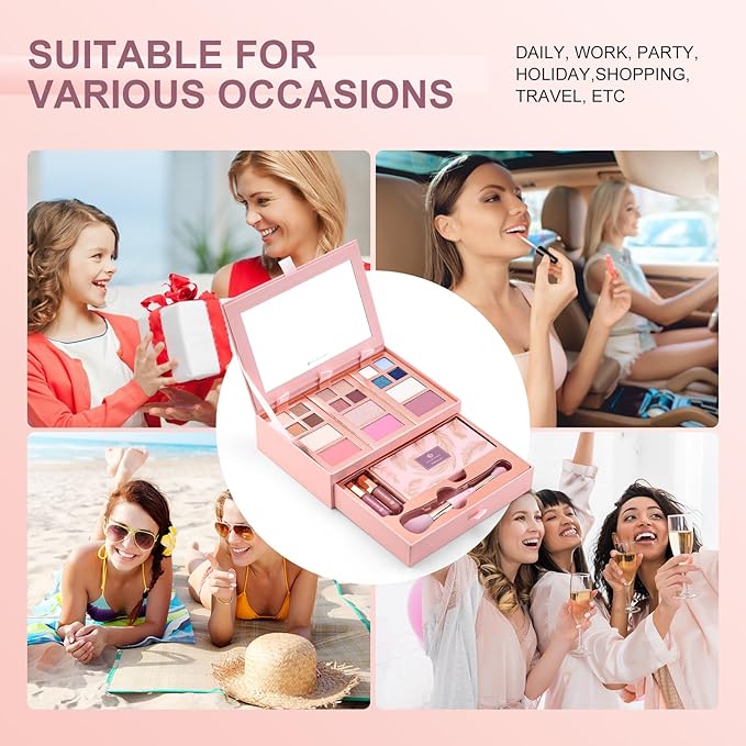 Color Nymph Complete Makeup Palette Set - 2025 Trendy Colors, Cruelty-Free, Ideal for Daily, Festival, Party, and Professional Use, with Detachable Jewelry Compartments, All-in-One Gift Set (Pink)