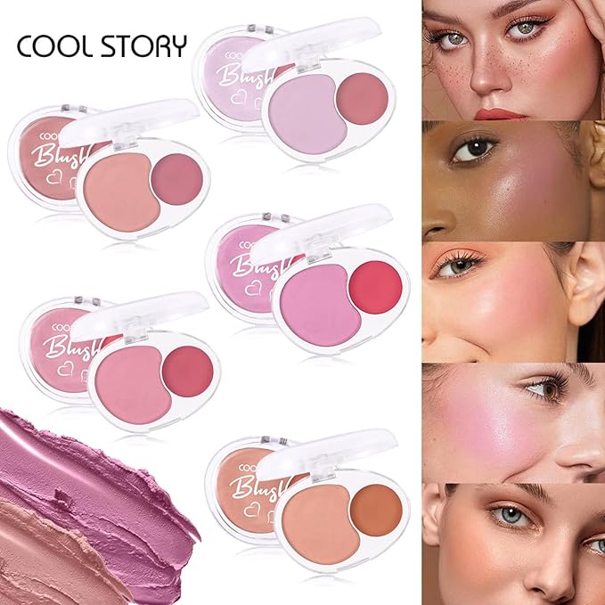 Dual-Tone Face Blush Palette for Cheeks - Waterproof, Long-Lasting, Satin Finish, Creamy Texture, Sculpting, All Skin Tones, Squalane, Highlighting, for Home, Travel, Makeup 2 Tone Tint 1#