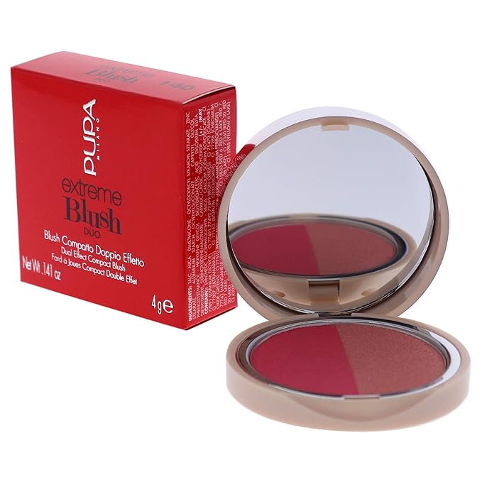 PUPA Milano Extreme Blush Duo - Highly Blendable Formula - Lightweight - Creates A Beautiful Sun-Kissed Appearance - Suitable For All Skin Types - Glow Creamy - 140 Radiant Flamingo - 0.141 Oz