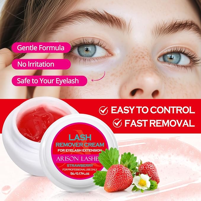 ARISON LASHES Lash Remover For Eyelash Extension Cream Remover Low Irritation Cream Remover for Sensitive Skin Fast Dissolution Professional Eyelash Extensions Salon Use(Strawberry)