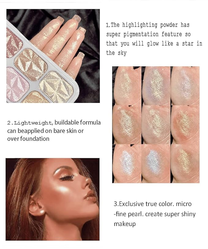 8 Colors Face Highlighter Makeup Palette,Shimmer Glitter Multichrome Highlight Powder,All Sparkling Shades Can Be layered or Worn Individually to Enhance and Brighten Your Face Features