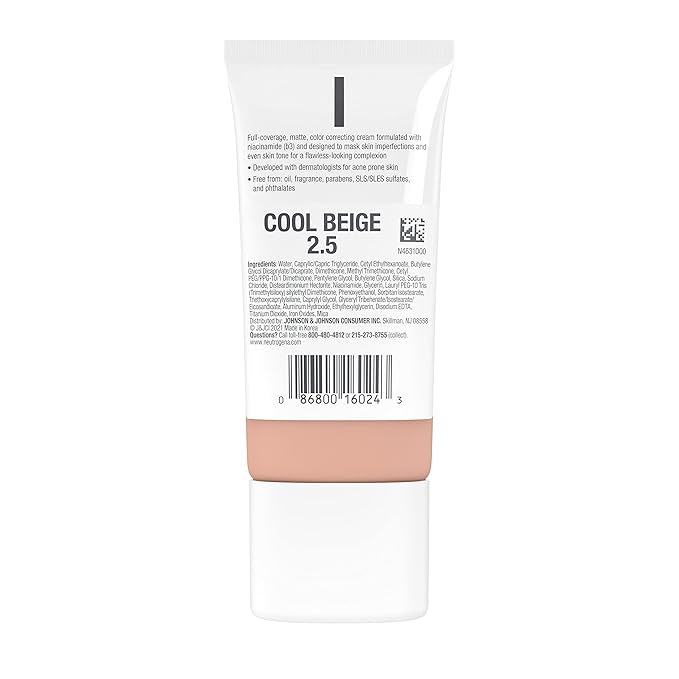 Neutrogena Clear Coverage Flawless Matte CC Cream, Full-Coverage Color Correcting Cream Face Makeup with Niacinamide (b3), Hypoallergenic, Oil Free & -Fragrance Free, Cool Beige, 1 oz