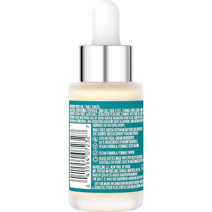 Maybelline Green Edition Superdrop Tinted Oil Base Makeup, Adjustable Natural Coverage Foundation Formulated With Jojoba & Marula Oil, 10, 1 Count