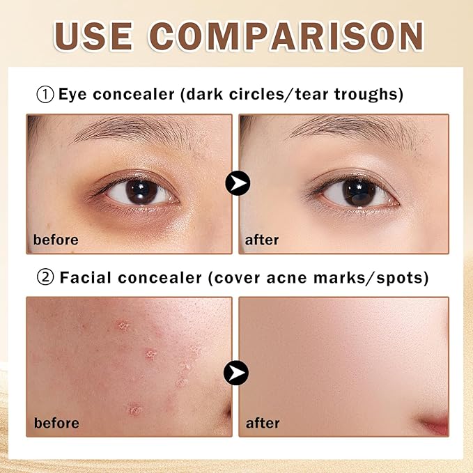 2PCS Under Eye Corrector White Concealer Full Coverage,Pro Cream Concealer Makeup,Waterproof Color Correcting Corrector de Ojeras (01 Ivory White+02 Light Cream)