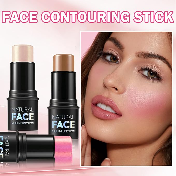 DAMUSI 6PCS Highlighter and Contour Sticks,Shades with Highlighter Stick,Cream Bronzer Stick,Cream Blush Stick for Sculpt the Cheeks,Lightweight Contour Makeup Kit for Beginners - Set B