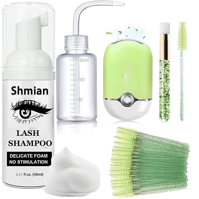 Lash Shampoo for Extensions, Shmian Fan 50ml Eyelash Foam cleanser with 50 Pcs Brush and Rinse Bottle Oil Free/Sulfate Free Wash Remover For Extension Makeup, Green, 1.0 Count