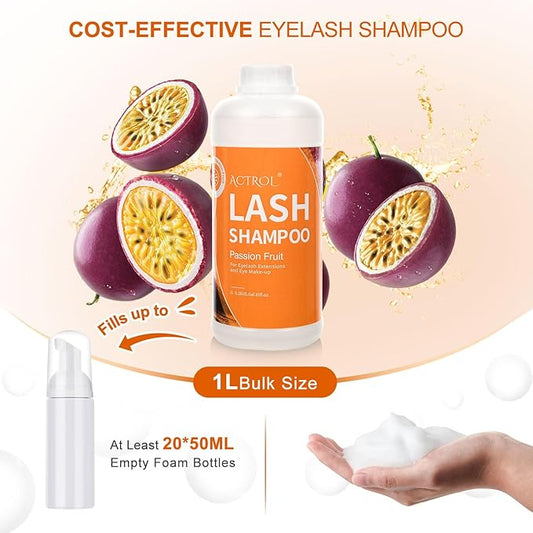 Eyelash Extension Cleanser Passion Fruit 1L Natural Lash Extension Shampoo Professional Eyelid Foaming Cleanser Paraben & Sulfate Free Non-lrritating with Salon and Home Care