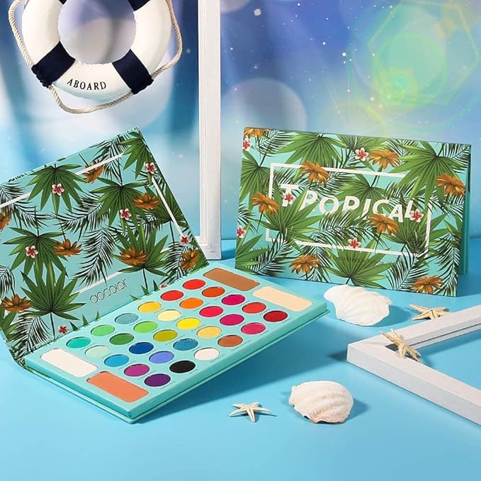 Docolor 15 Pcs Colourful Makeup Brush Set + 34 Colors Tropical Eeyshadow Palette Pigmented Matte Shimmer Metallic Blendable Soft Cream Powder Makeup Eye Shadow Palettes for Christmas Gift