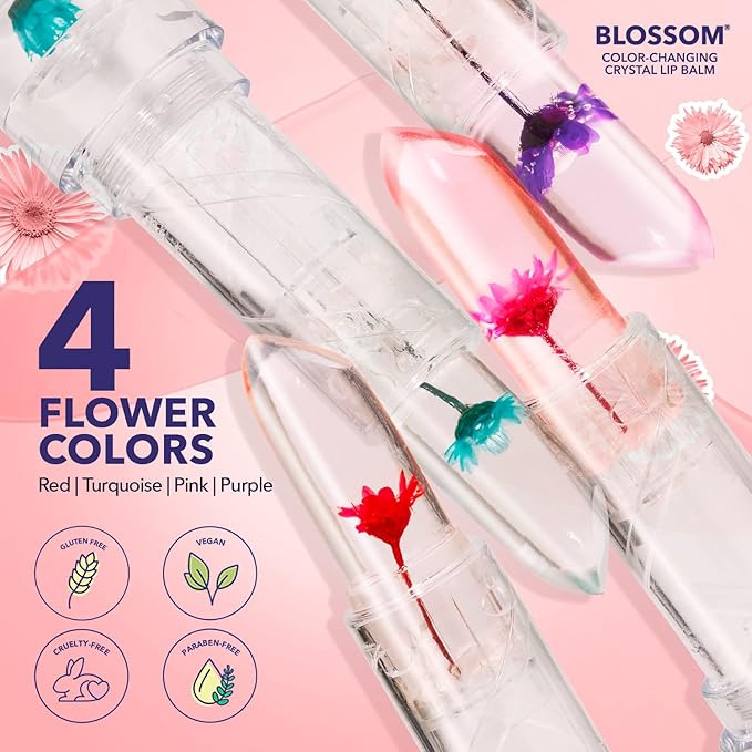 Blossom Moisturizing Scented pH Color Changing Crystal Lip Balm, Strawberry Scented Lip Stain Tint, Infused with Real Flowers, 3 pk, Turquoise/Pink/Purple