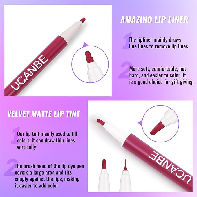 UCANBE 2pcs Matte Lip Tint Stain Set, 1 Lip Stain & 1 Lip Liner Pencil, Long Lasting Waterproof Lightweight Non-sticky Liquid Lipstick for Women & Girl (04 ROSEWOOD)