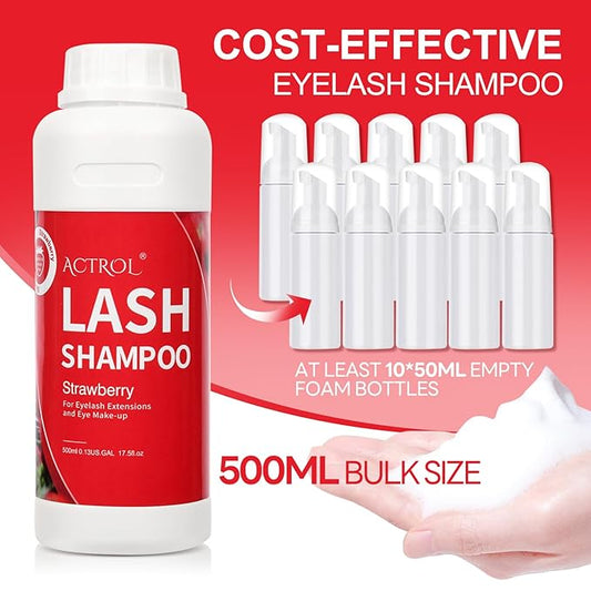Eyelash Extension Cleanser 500ml Strawberry Natural Lash Extension Shampoo Professional Eyelid Foaming Cleanser Paraben & Sulfate Free Non-lrritating with Salon and Home Care