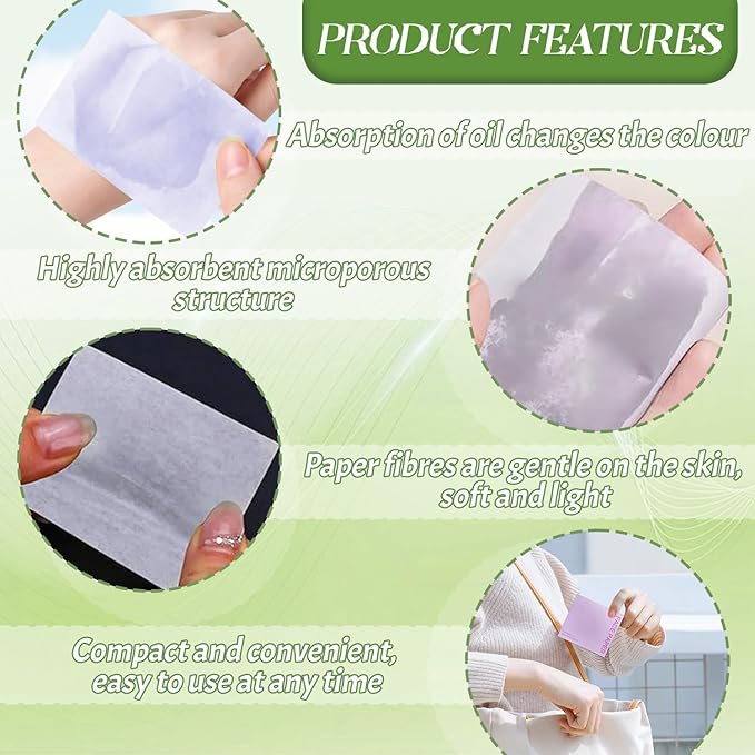 BOROLA 3-in-1 Oil Blotting Paper Set for Face 100 Sheets Oil Absorbing Sheets with Portable Mirror & Adhesive Makeup Puff, Blotting Papers for Oily Skin, Design for Men & Women(Green)