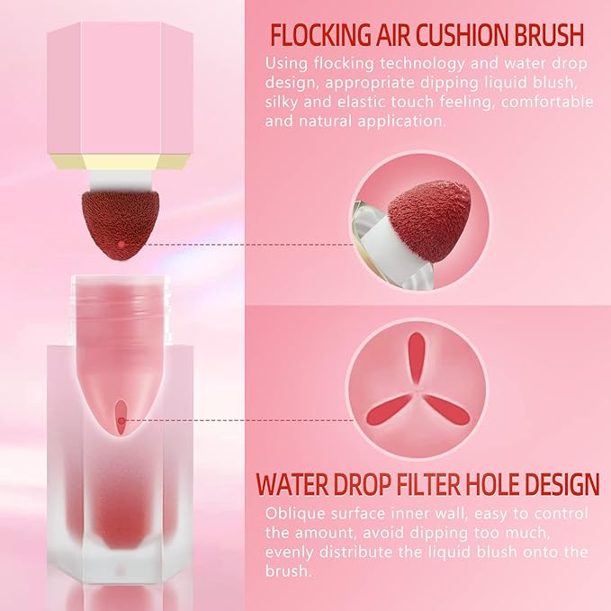 Liquid Blush for Cheeks, Soft Cream Blush with Cushion Applicator, Dewy Finish Matte Velvet Texture, High-Pigmented Blendable, Long-Wearing Rubor Makeup | #06 CHEERY-Peachy Pink