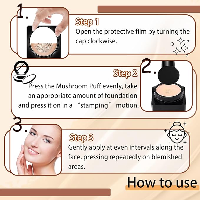 2P Mushroom Head Air Cushion CC Cream Foundation,Moisturizing Non-Greasy BB Cream and Makeup Sponge,Longlasting Matte Concealer Full Coverage Face Makeup Liquid Foundation for All Skin Types(Natural)B