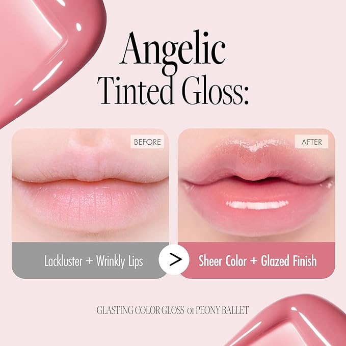 Glasting Color Gloss - K Beauty High Shine Long Lasting Lip Makeup - Non-Drying & Moisturizing - Lightweight Tinted Lip Gloss with Jojoba Oil 0.15 oz (#01 Peony Ballet)