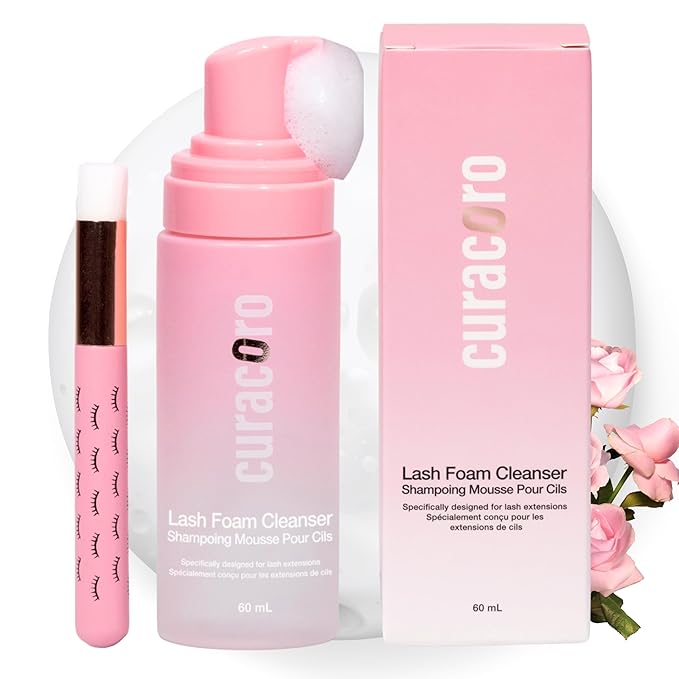 CURACORO 60ML Eyelash Extension Cleanser (Rose Scented) - Lash Shampoo for Lash Extensions, Eyelash Extension Foam Cleanser for Sensitive Skin, Removes Waterproof Makeup for Professional & Home Use