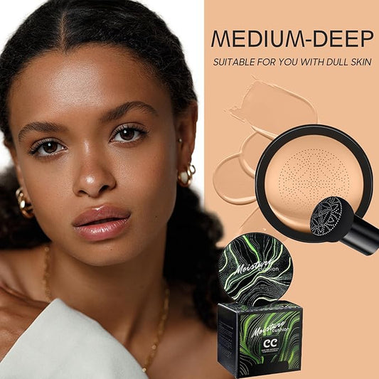 Mushroom Head Air Cushion CC Cream - BB Cream Foundation Makeup Moisturizing Concealer Long-Lasting, Cushion Foundation Full Coverage Self Adjusting for Mature Skin & All Skin Types (Medium Deep)