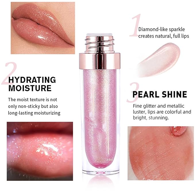 Clear Shimmer Lip Gloss for Women, Long Lasting High Shine Shimmer Liquid Lipstick, Flash Pearl Colored Lip Oil Polarized Lip Stain, Shimmery Finish Waterproof Lip Glaze for Women, 02