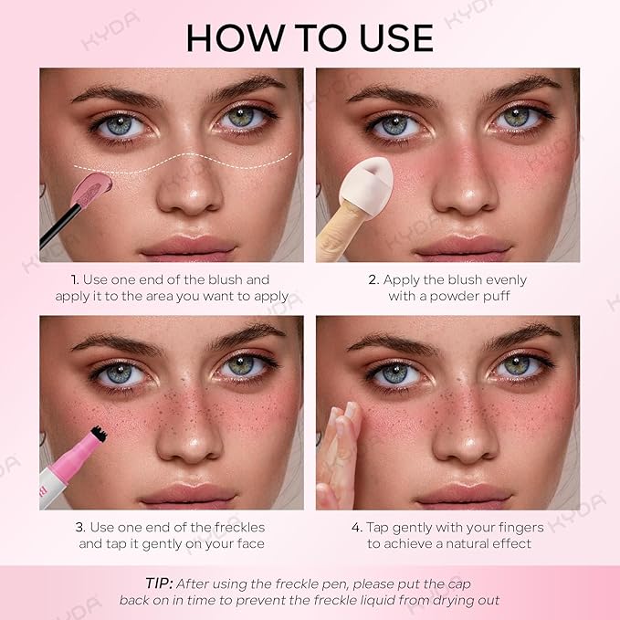 KYDA Freckle Blush Pen, Light Brown Liquid Freckle + Soft Pink Blush Duo, Lasting Freckles Colors for Summer Sunkissed-look, Natural Lifelike Freckles Pen