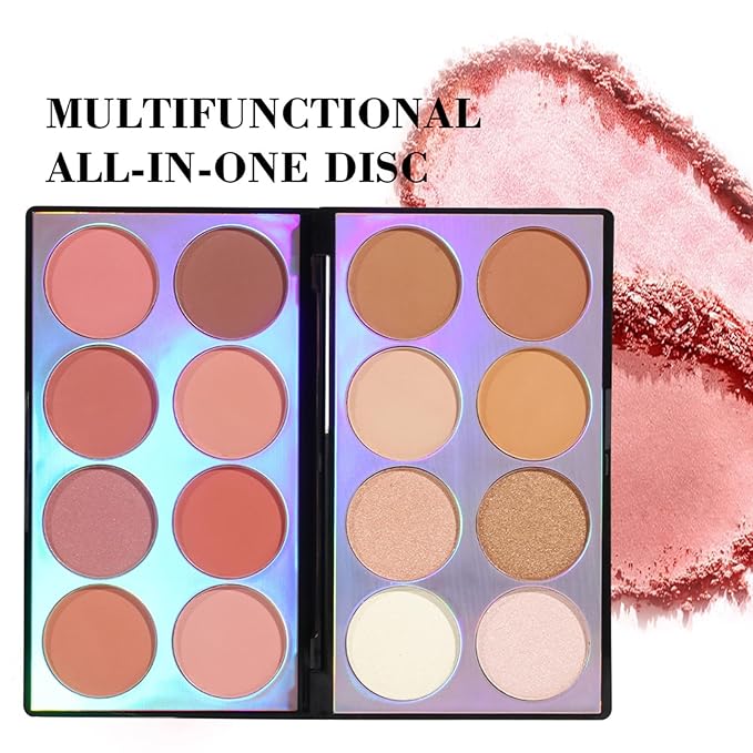 Blush Contour Highlighter Makeup Palette, 16 Color All-in-One Matte Shimmer Bronzer Facial illuminator Palette with Makeup Brush, Long Lasting and Soft Powder, Pro Makeup Powder Kit
