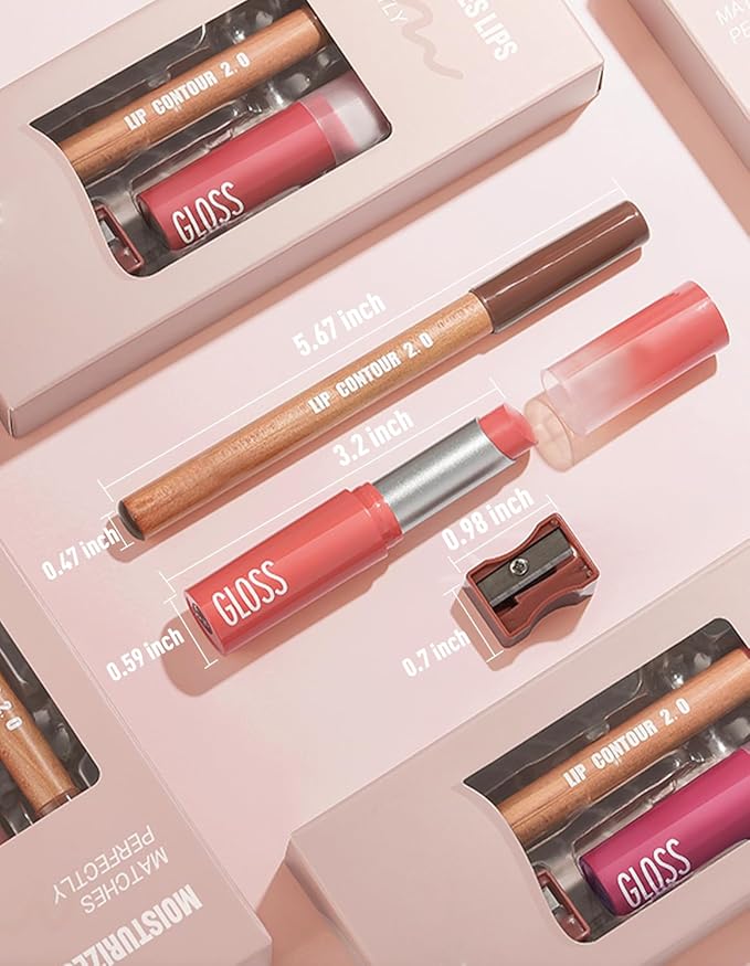 2 Pcs Lipstick and Lip Liner Set Hydrating Lip Tint Non-Sticky Lightweight Lip Balm Plumping Lip Kit for Women Matte Lip Pencil Long Lasting Gradient Glossy Lip Combo with Sharpener, 05