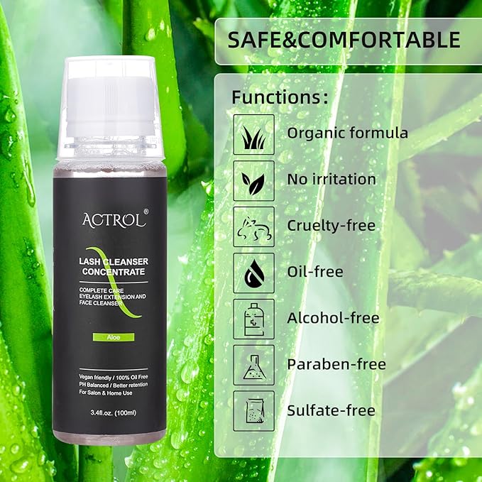 Eyelash Cleanser Concentrate 100ml Aloe Professional Lash Shampoo Foaming Cleanser Paraben & Sulfate Free Non-lrritating Wash for Extensions Lashes with Salon Home Care-Makes 20 Bottles