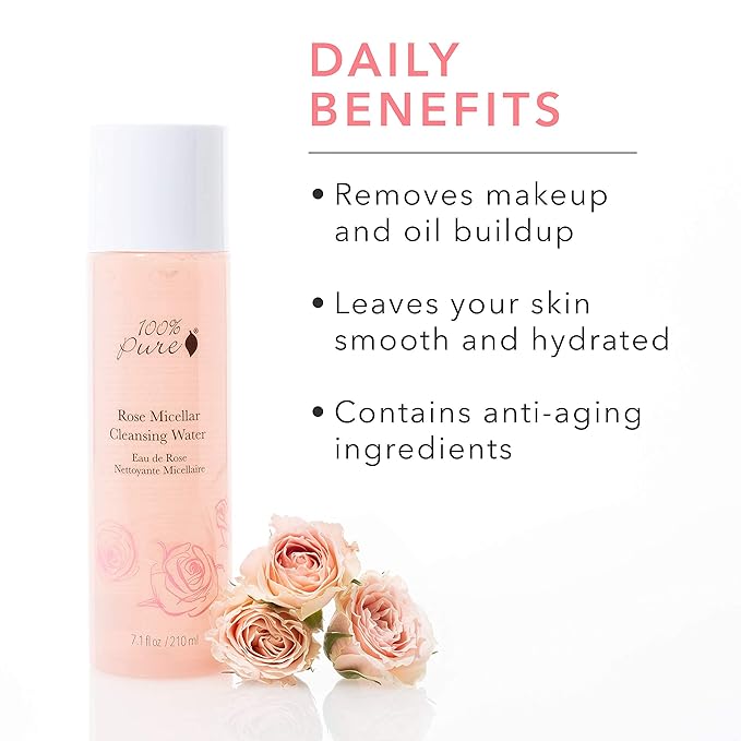 100% PURE Rose Micellar Cleansing Water, Hydrating Makeup Remover, Daily Skin Care for All Skin Types, Soothing Micellar Water, Natural Skin Care - 7.1 Fl Oz